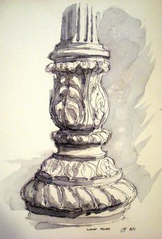 a drawing of a pillar with candles on it's top and the base is made out of marble