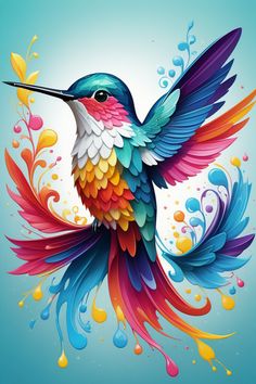 a colorful hummingbird flying through the air with water droplets on it's wings