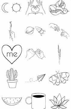 a drawing of different things that are in the shape of hearts and hands, with one hand holding a cup