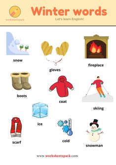 the winter words worksheet is shown with pictures and other things to describe it