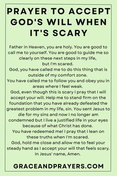 a prayer card with the words prayer to accept god's will when it's scary