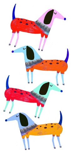 four different colored dogs with black spots on their backs and tails, all standing in the same direction