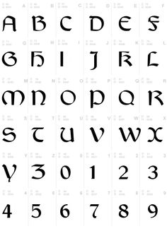 an old english alphabet is shown in black and white with the letters on it's side