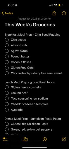 the menu for this week's groceries is shown in yellow and black