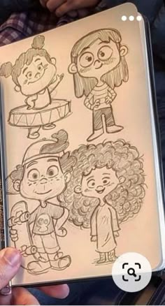 a person holding up a drawing book with three people on it and the title, how to draw children's faces