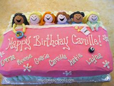 a pink birthday cake with five people on it