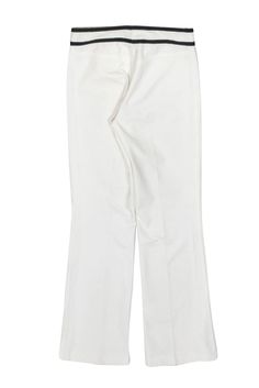 Give a nod to the Navy in these preppy pants from Escada! With a sleek white design and a pop of black trim, these beauties will give any look a hint of nautical chic. Set sail in style when you pair these with a button-up blouse and pumps. Size 4 (DE 34) 96% Cotton, 4% Spandex Front zipper closure w/ button at waist Unlined Straight leg silhouette Buttoned pockets on front of waist Black trim on pockets and waist Waist 30" Inseam 29.5" Total length 40" Workwear Straight Leg Bottoms With Contrast Trim, Straight Leg Workwear Bottoms With Contrast Trim, Straight Leg Bottoms With Contrast Trim For Work, Spring Wide Leg Bottoms With Contrast Trim, Classic White Stretch Bottoms, Spring Bottoms With Contrast Trim And Stretch Fit, Workwear Bottoms With Contrast Trim, Spring Cotton Bottoms With Contrast Trim, Spring Workwear Bottoms With Contrast Trim