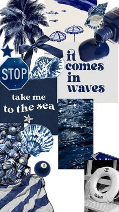 there is a collage with blue and white items on it, including an ocean theme