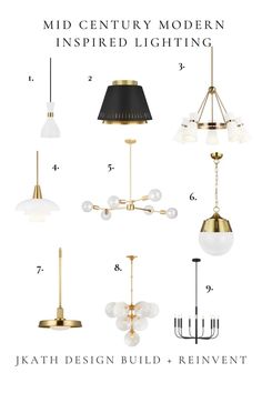 the mid century modern inspired lighting guide is shown in gold, black and white colors