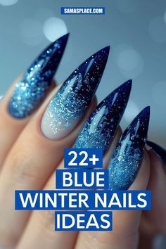 Starry Blue Nails, Snowy Nails Blue, Blue Nail Acrylic Ideas, Royal Blue Holiday Nails, Gel Nail Art Winter, White Blue Silver Nails, Midnight Blue Glitter Nails, White And Blue Nails Winter, Blue French Christmas Nails