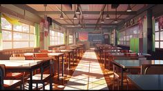 an empty cafeteria with tables and chairs in the sun shining through the windows on the walls