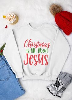 Celebrate the true meaning of Christmas with our beautifully designed "Christmas Is All About Jesus" graphic. This digital download is perfect for creating your own festive t-shirts, hoodies, and more, spreading the message of faith and joy during the holiday season. **THIS IS A DIGITAL DOWNLOAD. NO PHYSICAL PRODUCT WILL BE MAILED TO YOU.** Product Details: High-Quality Design: Crafted with care, this graphic features elegant typography and festive elements that highlight the message "Christmas Is All About Jesus." Instant Download: Get your design immediately after purchase. No waiting, no shipping fees! Versatile Use: Ideal for t-shirts, hoodies, tote bags, and other apparel. Perfect for personal use or as a thoughtful gift for loved ones. Why You'll Love It: Faith-Focused: Share the tru Jesus Christmas Shirt, Jesus Graphic, Faith Tees, Word Of Faith, About Jesus, True Meaning Of Christmas, Jesus Shirts, Png Christmas, Christmas T Shirt