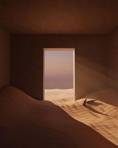 an open door in the middle of a desert with sand dunes and a bird flying over it