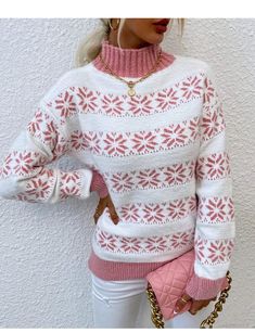 This elegant sweater is crafted from a soft knitted fabric and features an allover snowflake pattern for a stylish addition to your Autumn/Winter wardrobe. The cozy turtleneck design is sure to keep you warm and comfortable throughout the colder months. Designed by 4COLORDRESS Images Of Christmas, Thanksgiving Sweater, Winter And Christmas, Snowflake Sweater, Christmas Elements, Elegant Sweater, Christmas Sweaters For Women, Women Sweaters Winter, Sleeves Clothing