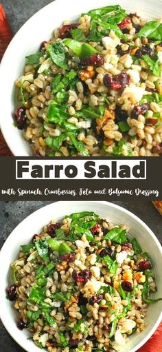 two bowls filled with faro salad on top of a table