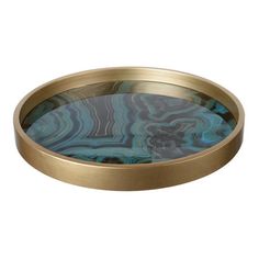 a gold tray with blue and green marble in it