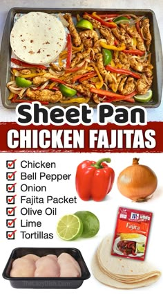 sheet pan chicken fajitas recipe with ingredients in the bottom left corner and on the top right side