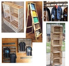 several different types of wooden crates with clothes hanging on the rack and other items displayed