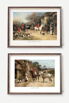 two framed paintings of people on horses and dogs