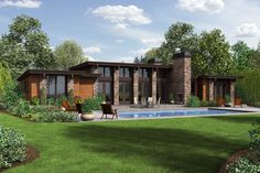 a rendering of a house with a pool in the front yard and landscaping around it