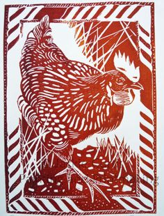 a red and white drawing of a rooster in the grass with stripes on it's sides