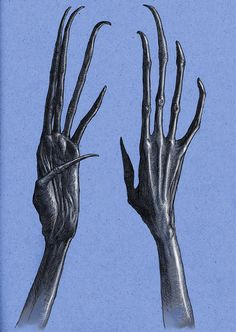 two hands with long claws reaching for something in the air, against a blue background