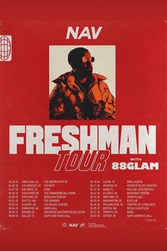 the poster for freshman tour is shown in red and black with an image of a man