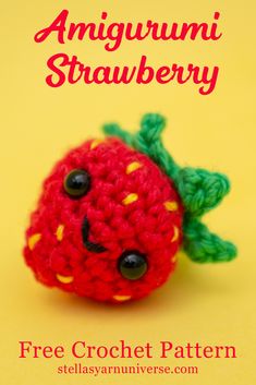 an amigurmi strawberry is shown with the text free crochet pattern on it