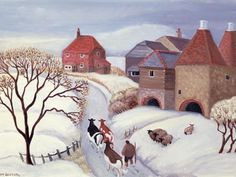 a painting of animals in the snow near houses