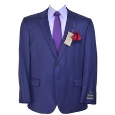 a blue suit with a red flower on the lapel and a tag attached to it