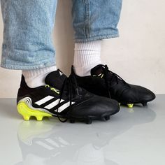 "90's Vintage football/rave trainers in black & neon yellow take their inspiration from vintage shapes. Crafted from the most luxurious materials and truly amazing vintage piece with very modern vibe. End-of-line designs will be the perfect finish to any outfit. DESCRIPTIONS: Tag: Adidas. Material: leather upper, rubber sole. Sole: 27.5 cm / 10.6\" Size tag on item: 9.5 US, 9 UK, 43.5 EUR. Approximate modern size: 10 US, 9 UK, 43 EUR. If you want to know more, please, contact us! Don't Forget To Follow Us On INSTAGRAM : volga.vintage ! There is a cleanable stain on the left shoe ! SKU: AS0381" Luxury Yellow Adidas Sneakers, Luxury Modern Adidas Sneakers, Gray Mirror, Sneakers Athletic, Black Neon, Vintage Football, Wide Jeans, Oval Sunglasses, Modern Vibe