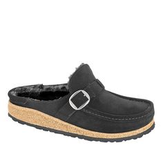 Birkenstock Buckley Leather Shearling Clog   Moccasin-inspired style defines this plush, lambskin shearling-lined clog built on Birkenstock's  contoured footbed for comfort and support.   Good to Know Birkenstock Buckley, Black Clogs, Mens Trail Running Shoes, Clog Slippers, Bike Shoes, Slides Shoes, Leather Design, Womens Running Shoes, Mary Jane Sneaker