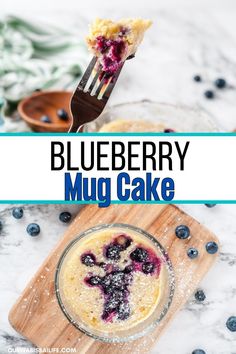 blueberry muffin in a glass bowl on a cutting board with a fork next to it