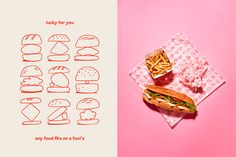 a sandwich and french fries on a pink background