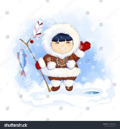 a cartoon character is holding a fishing rod and smiling at the camera while standing on snow covered ground