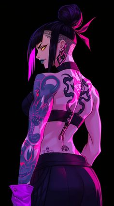 a woman with tattoos on her back standing in the dark