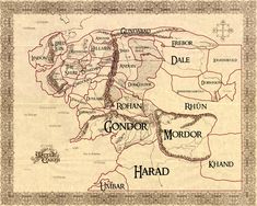 a map of middle - earth showing the location of gondor mordor and other lands