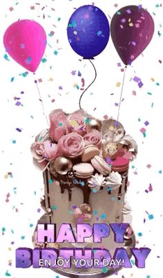 a birthday cake with balloons and confetti on the top says happy birthday enjoy your day