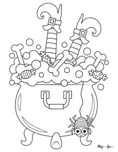 a coloring page with an image of a pot full of candy and two witches in it