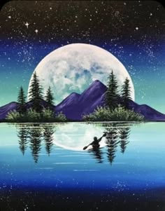 a painting of a person in a canoe on a lake with the moon rising behind them