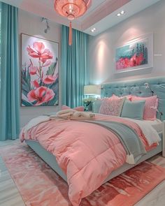 Teal Pink Grey Bedroom, Tiffany Blue And Pink Bedroom, Pink Bedroom Women, Children’s Bedroom Colour Ideas, Turquoise Pink Bedroom, Teal And Pink Girls Bedroom, Girls Turquoise Bedroom Ideas, Pink And Blue Bedroom Aesthetic, Pink And Blue Walls