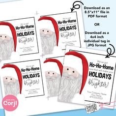 four holiday cards with santa's beard and red hat on them, for the holidays