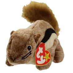 a small stuffed squirrel with a tag on it's ear