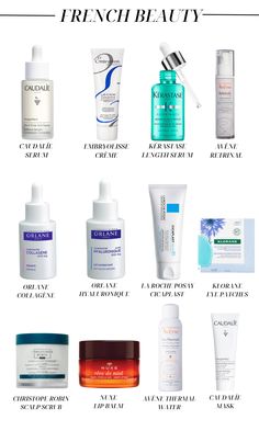 Graphic showing 24 of the best French beauty products from skincare to haircare. Nuxe Body Oil, Healthy Skin Care Acne, Skincare Images, France Souvenirs, European Skincare, Paris Skincare, Klorane Dry Shampoo, Beauty Cabinet