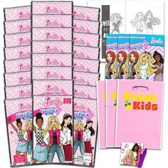 the barbies are all in pink packaging and some papers with stickers on them