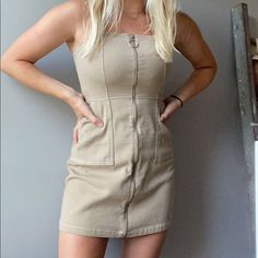 Super Cute And Comfy For The Summer And Brand New With Tags! Size 6 Beige Fitted Mini Dress With Pockets, Fitted Beige Mini Dress With Pockets, H&m Casual Beige Dress, Casual Beige H&m Dress, H&m Beige Mini Dress For Spring, H&m Cotton Mini Dresses, H&m Cotton Mini Dress For Day Out, Zip Up Dress, H M Dresses