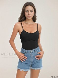 Peilia - Sleek Sleeveless Spaghetti Strap Bodysuit - Womens Sexy Summer Slim Fit Apparel Solid Cami Bodysuit With Built-in Bra, Trendy Camisole Bodysuit With Built-in Bra, Summer Shapewear Camisole With Built-in Bra, Trendy Sleeveless Bodysuit With Built-in Bra, Cami Bodysuit With Built-in Bra, Solid Cami Bodysuit With Lined Body, Solid Color Cami Bodysuit With Built-in Bra, Solid Color Cami Bodysuit With Lined Body, Stretch Bodysuit With Spaghetti Straps