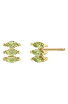 A trio of marquise peridot sharpens the color of these stacked stud earrings handcrafted from gleaming 14-karat gold. 1/4"W x 1/8"L Post back Total peridot weight: 0.60ct. 14k gold/peridot Made in Spain Green Marquise Fine Jewelry Earrings, Green Marquise Earrings In Fine Jewelry Style, Fine Jewelry Green Marquise Earrings, Green Marquise Earrings Fine Jewelry, L Post, Bony Levy, Spain, Jewelry Earrings, Yellow Gold