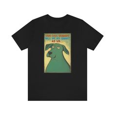 a black t - shirt with an image of a green dog on it's chest