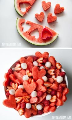 watermelon hearts and marshmallows are arranged in the shape of heart shapes